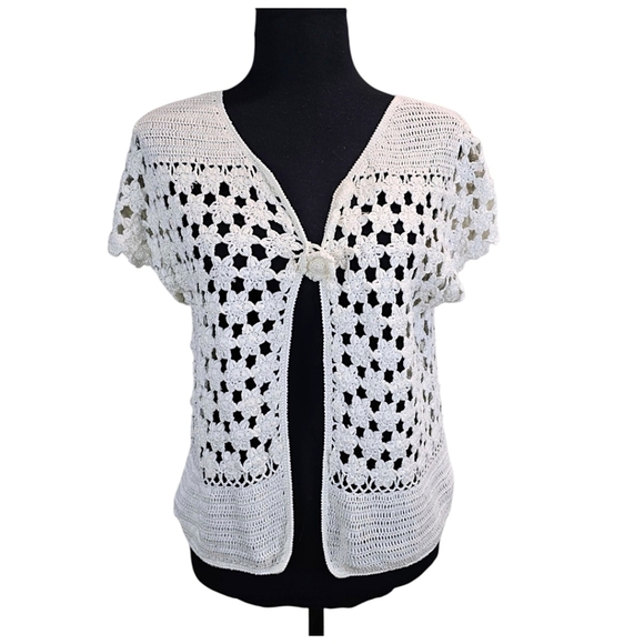 Vtg Lilly Pulitzer Womens Floral Crochet Knit Cardigan Large Cream Boho Chic 90s - Picture 1 of 11